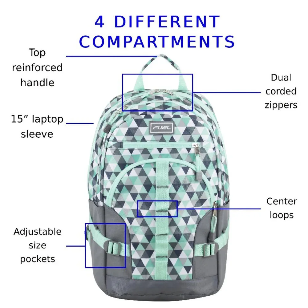 FUEL Hiking Laptop Backpack College Bookbag Travel Daypack 5 Compartments